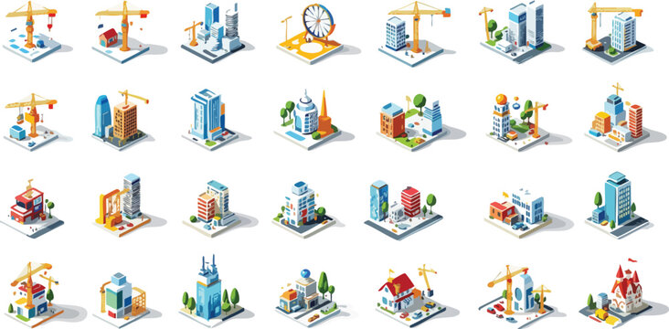 Isometric illustrations showcasing diverse modern buildings including construction projects and commercial offices.