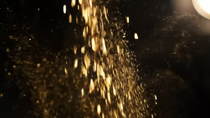 Gold confetti falling with glitter and dust on black background slow motion - Powered by Adobe