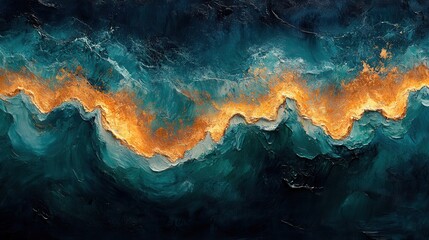 An abstract wave painting featuring swirling blue and green hues with vibrant orange highlights, evoking a dynamic ocean scene.