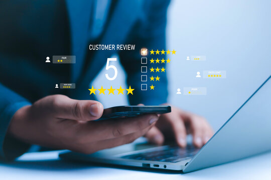 Customers rate their satisfaction digitally with virtual icons for positive reviews, customer service, and online consumer interactions on a service business platform. Customer Digital Survey Reviews
