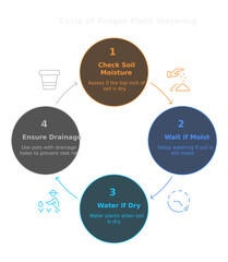Plant Watering Guide: Step-by-step guide to optimal plant watering, featuring icons illustrating essential steps for plant care.