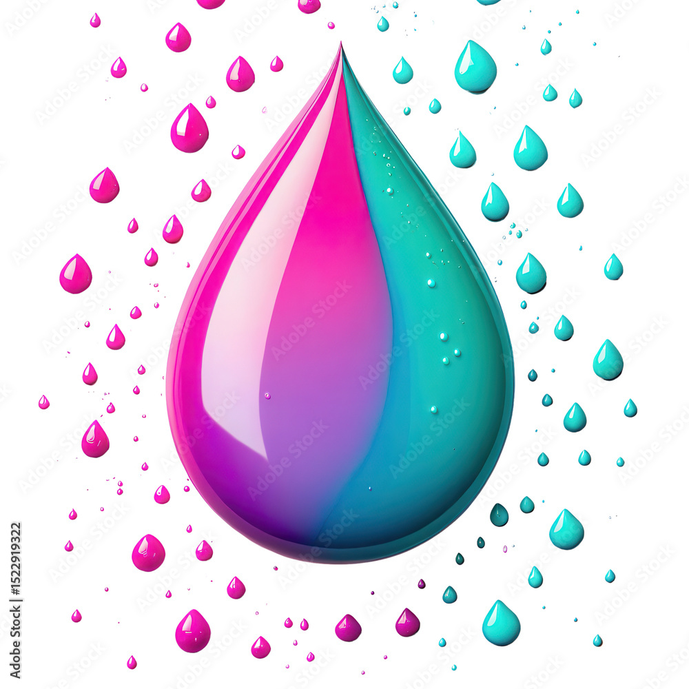 Poster a large, glossy water droplet with vibrant pink and turquoise colors and smaller matching droplets s