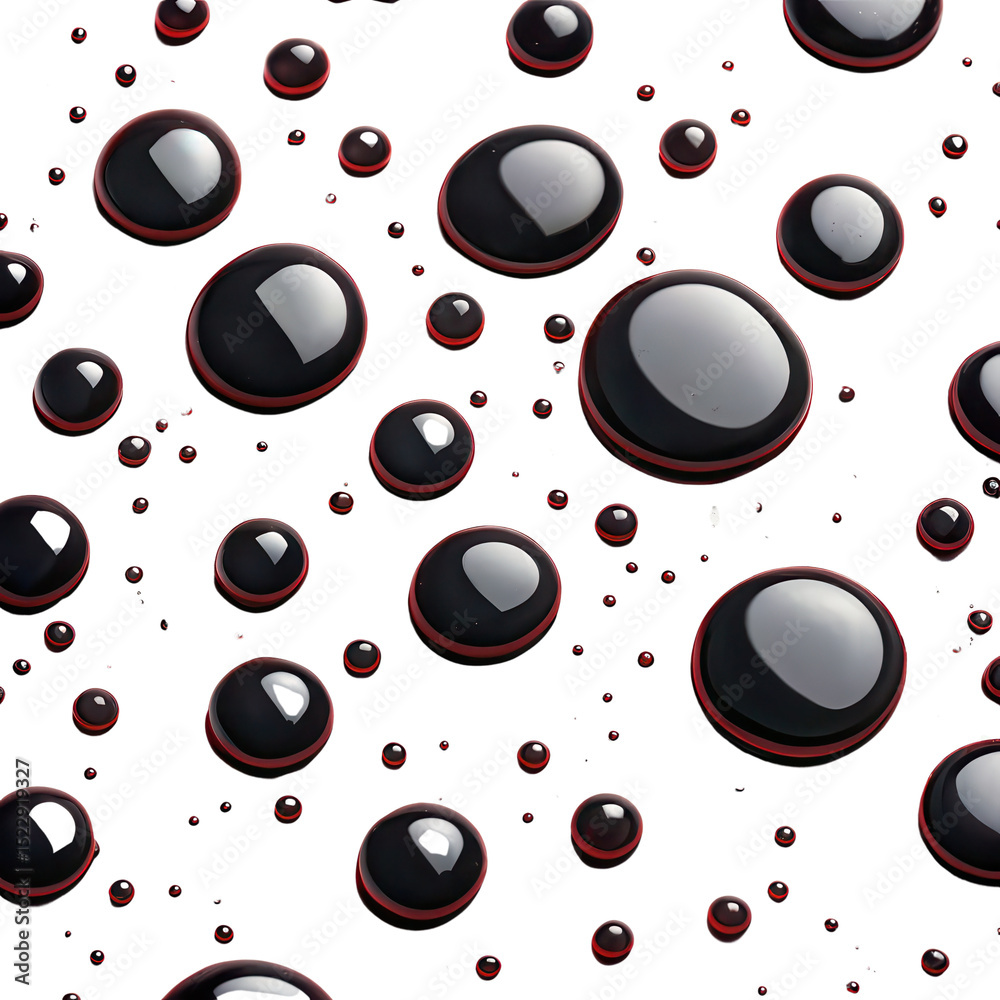 Poster Shiny liquid droplets with reflective surfaces and subtle red outlines clustered together.