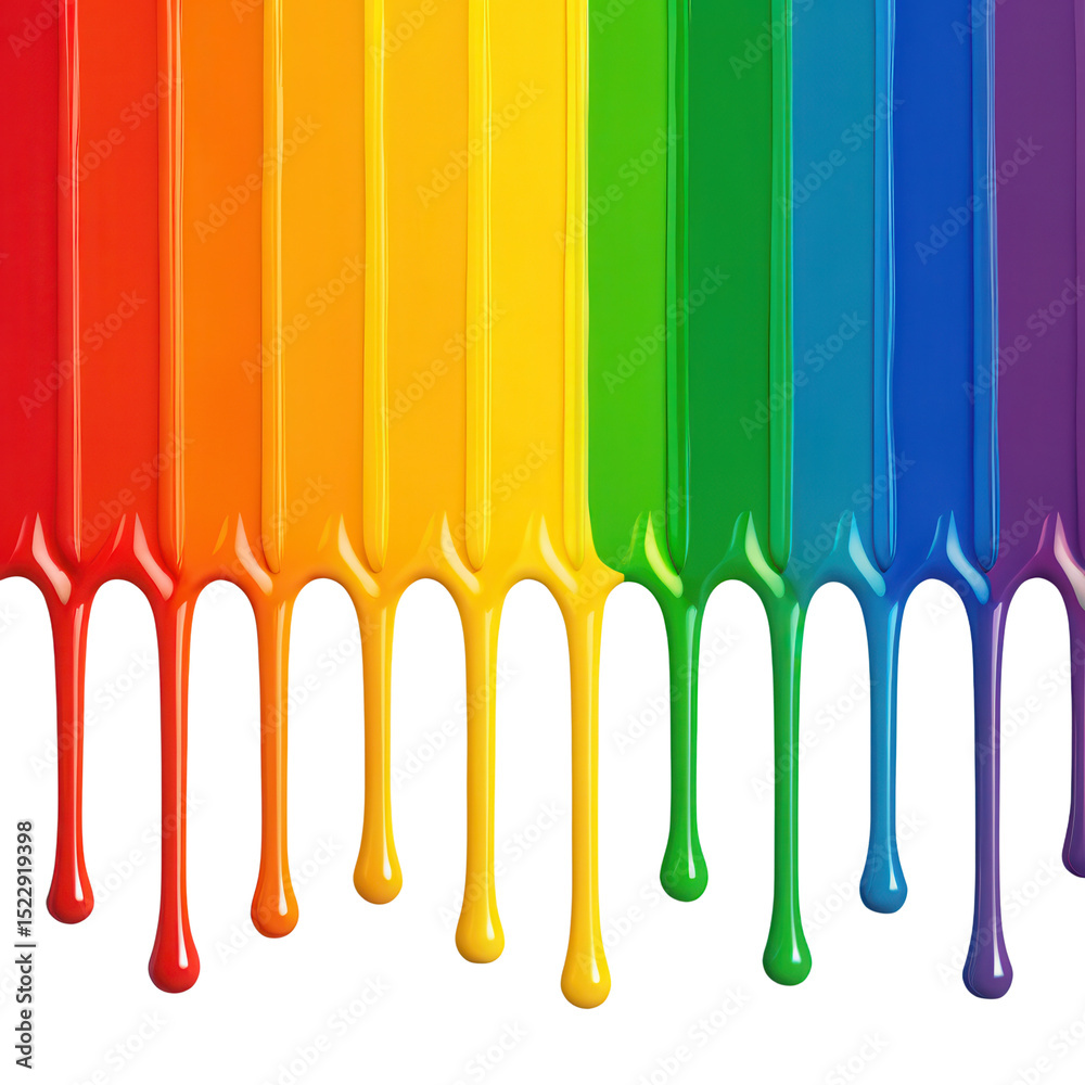 Poster vibrant rainbow-colored paint drips vertically against, creating a bold and artistic visual effect.
