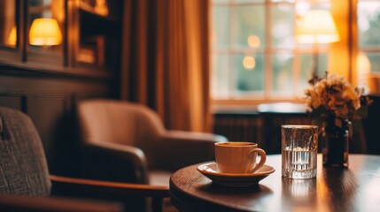 Cozy café interior with a steaming cup of coffee on a wooden table, warm lighting, and soft furnishings