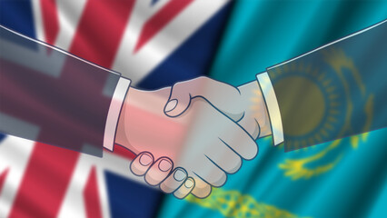Vector blurred wavy flags of Great Britain and Kazakhstan. Friendly relations between countries. Blurry politico economic banner. Handshake, deal.