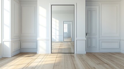 Interior of modern bright room with white walls, wooden floor and white doors.