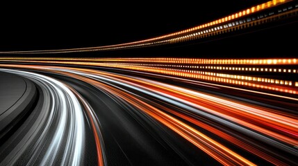 Blurred light trails on dark curving road