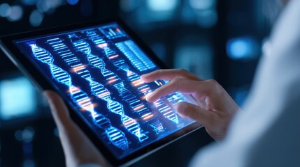 Scientist analyzing DNA sequences on a tablet in a high-tech laboratory environment