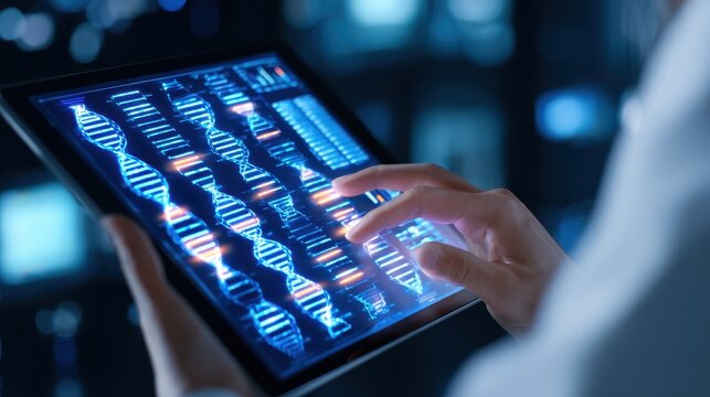 Scientist analyzing DNA sequences on a tablet in a high-tech laboratory environment