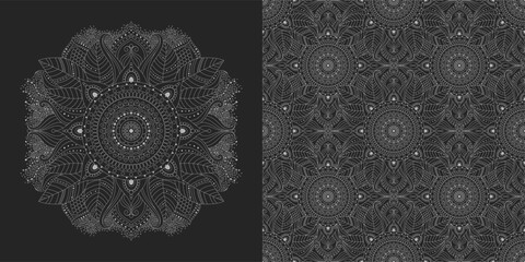 Mystical, sacred, natural motifs and abstract ornaments in a seamless pattern and mandala, black and white colors, dark palette with botanical, floral details and circular ethnic patterns.