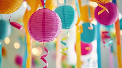 Colorful party decorations hanging from the ceiling for celebration