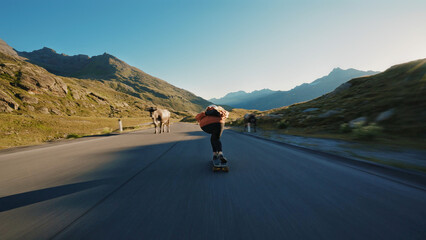 Fototapeta premium woman skateboarding and making tricks between the curves on a mountain pass.