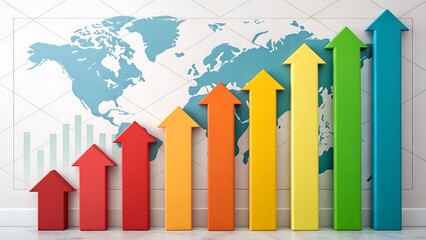 Fototapeta premium Tariff change and Tariff increase impact concept. Abstract infographic with arrows and bar charts symbolizing global tariff changes in vibrant colors.