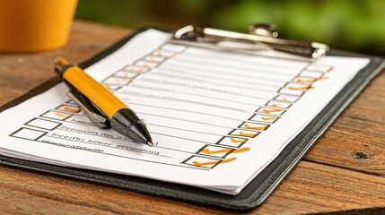 Clipboard checklist with filled checkboxes and yellow pen