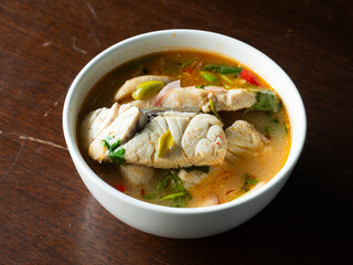 Thai spicy Tom Yum soup with seabass fillet