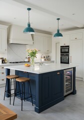 Kitchen Island with Stools and Pendant Lights