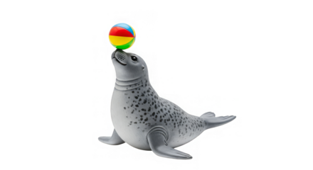 A spotted seal balances a colorful beach ball on its nose, captured with a playful and dynamic pose.
