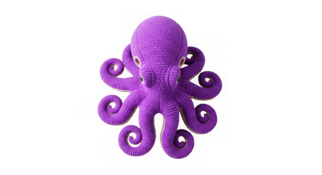 A soft, purple, plush octopus sits against a black background with a glitch-art effect surround.