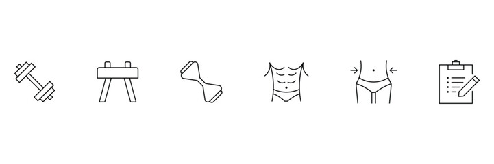 Body fitness muscle abs slimming program gym dumbbell workout training plan fat loss strength core icon vector illustration set.