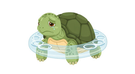 Obraz premium Cartoon turtle with teardrop, feeling sad, sitting in a clear plastic drink holder on black.