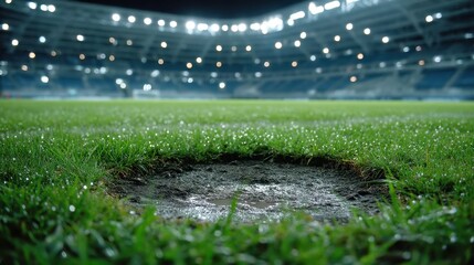 Penalty Spot on Professional Football Field, worn patch surrounded by vibrant grass, captures the essence of sport and anticipation, perfect for illustrating game moments.