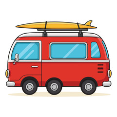 Fototapeta premium Red Cartoon Camper Van with Surfboard – Fun Summer Travel Vector for Posters and Beach Adventures