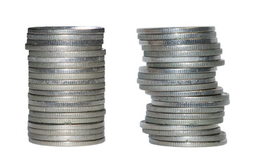 Stack of silver coins isolated on white background. Money on PNG file.