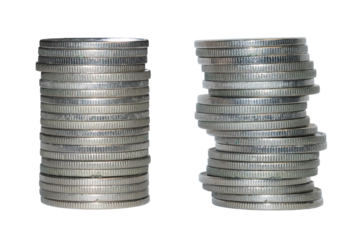 Stack of silver coins isolated on white background. Money on PNG file.