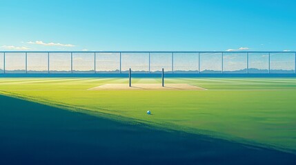 Fototapeta premium Cricket Pitch Center with Wicket Holes and Dry Grass, showcasing an isolated perspective of the playing field, highlighting the contrast between the worn surface and surrounding space