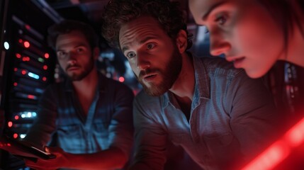 Team collaborates in dimly lit server room during late-night project meeting