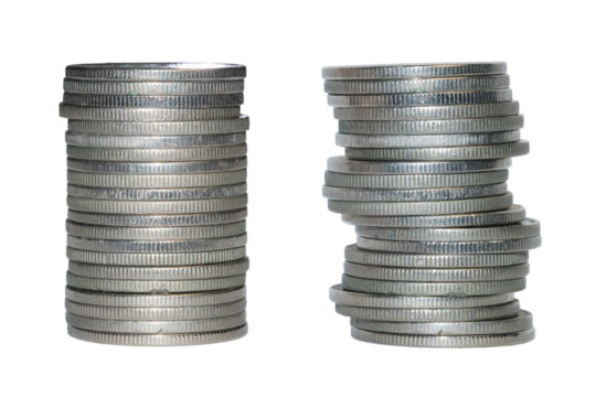 Stack of silver coins isolated on white background. Money on PNG file.