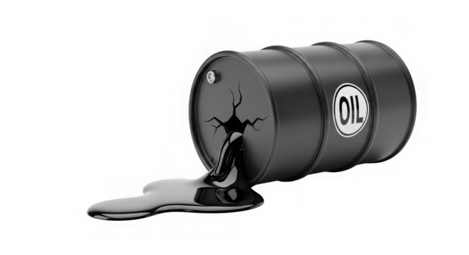 Cracked black oil drum spills its contents onto a black background creating a stark, modern image.