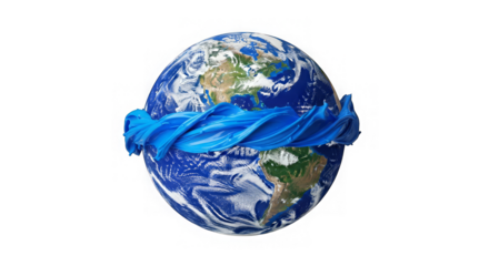 Digital artwork displaying planet Earth embraced by flowing blue fabric, symbolising protection.