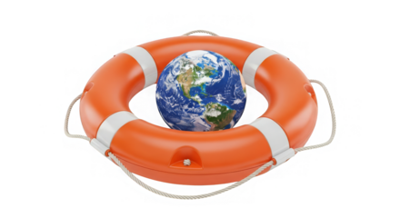 Digital render shows orange life preserver encircling globe, conveying safety and support themes.