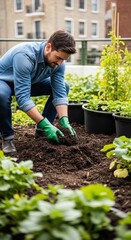 Eco-Gardening Man Composting in Urban Plot