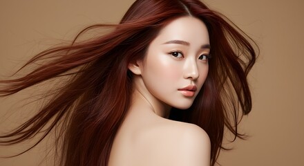 Fototapeta premium Elegant Portrait of Beautiful Young Woman with Long Flowing Hair and Flawless Skin in Studio Lighting