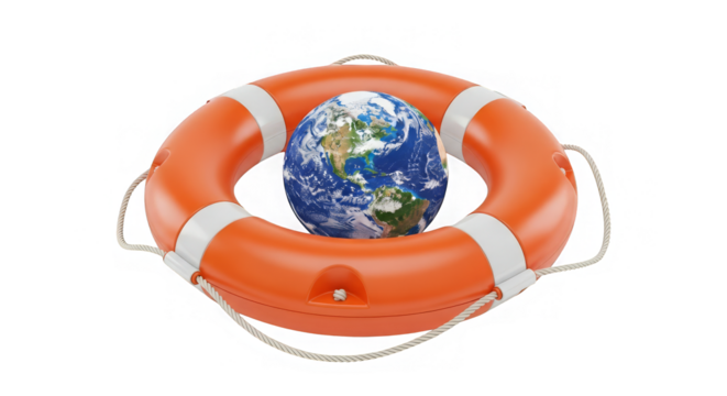 Digital render shows orange life preserver encircling globe, conveying safety and support themes.