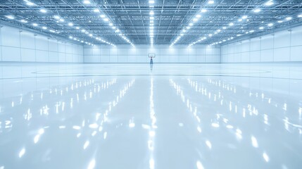 Obraz premium Indoor basketball court, polished wooden floor reflecting overhead lights, spacious arena atmosphere, vibrant energy, inviting setting for sports events and activities