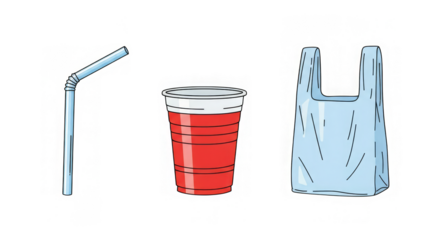 Illustrated still life of a bent straw, red cup, and plastic bag on a black background isolation