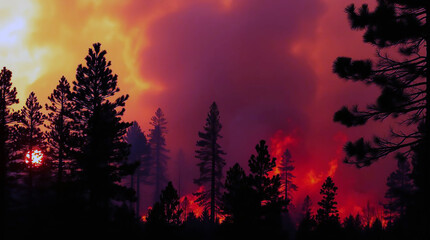 Fototapeta premium Ai generated image of inferno sky over silhouetted trees, a wildfires ominous glow paints the horizon