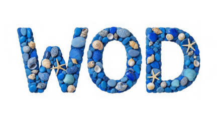 Ocean themed letters spelling 'WOW' made from blue stones and seashells on black background.