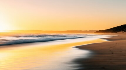 Obraz premium Serene sunset over a tranquil beach with gentle waves lapping at the shore