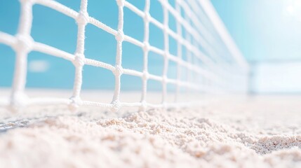 Macro view of a volleyball court's sand surface highlighting granular details, intricate rake patterns, and the texture of the sand beneath the net