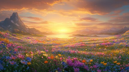 A vibrant, colorful flower field stretches towards a majestic mountain range at sunset