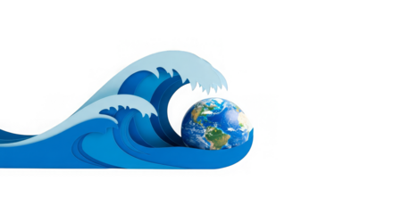 Stylized illustration of earth being engulfed by ocean waves against a black background in 3D