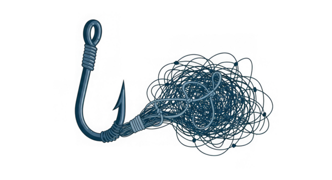 Stylized illustration of a blue fishing hook entangled in a chaotic web on a black backdrop. - Powered by Adobe