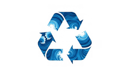 Stylized recycle symbol filled with blue wave patterns, on a black background, conceptual art