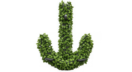 Stylized saguaro cactus form covered by bright green foliage set against a black background space.