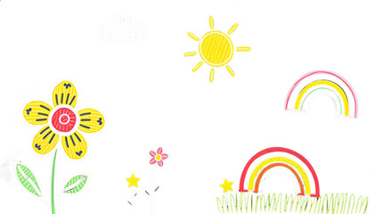 set of flowers and Child's Drawing of a Sunny Day with Flowers, Rainbow, and a House